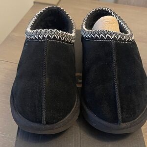 UGG Black Suede Slip-Ons with Patterned Trim